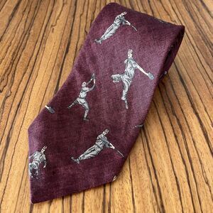 Vintage Sims Ltd 100% Linen Hand Made Tie Baseball Plum
